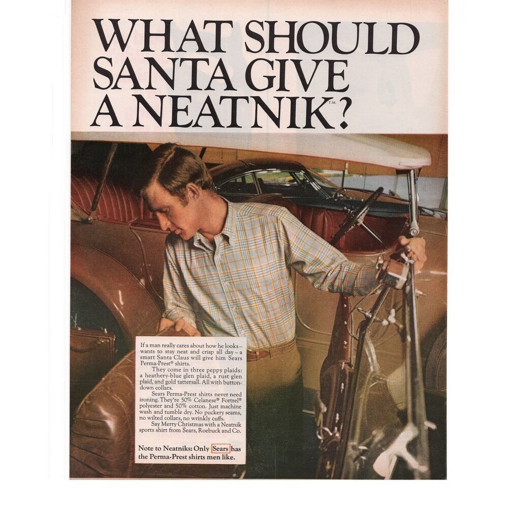 Sears Perma-Prest Men Shirt Advertisement 1968 Vintage Christmas Fashion Neatnik